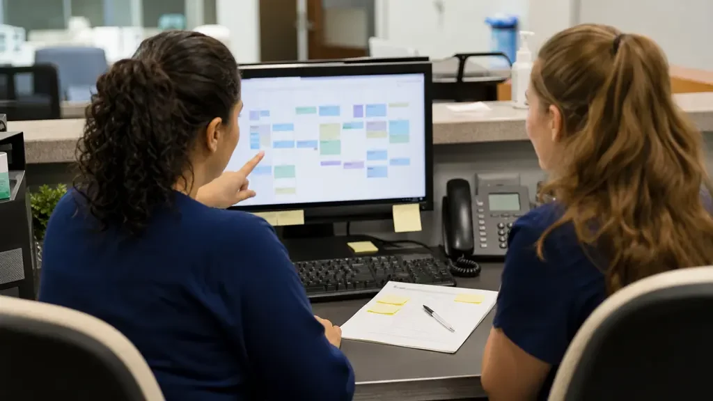 Clinic staff reviewing an appointment scheduling workflow on a shared screen