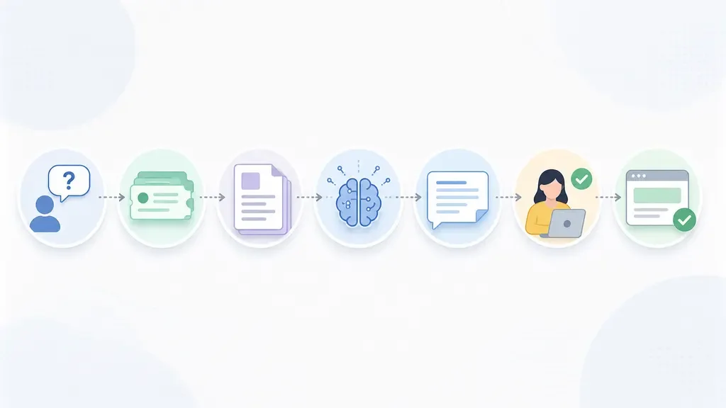 Icon workflow showing customer question, ticket, knowledge article, AI draft, human review, and published answer